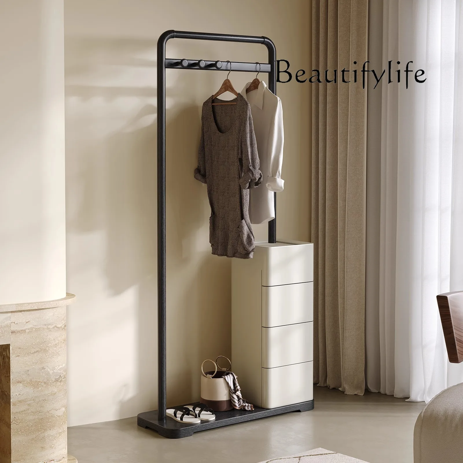 

Bedroom solid wood chest, coat rack, hanger integrated against the wall, floor-to-ceiling household bedside shelf