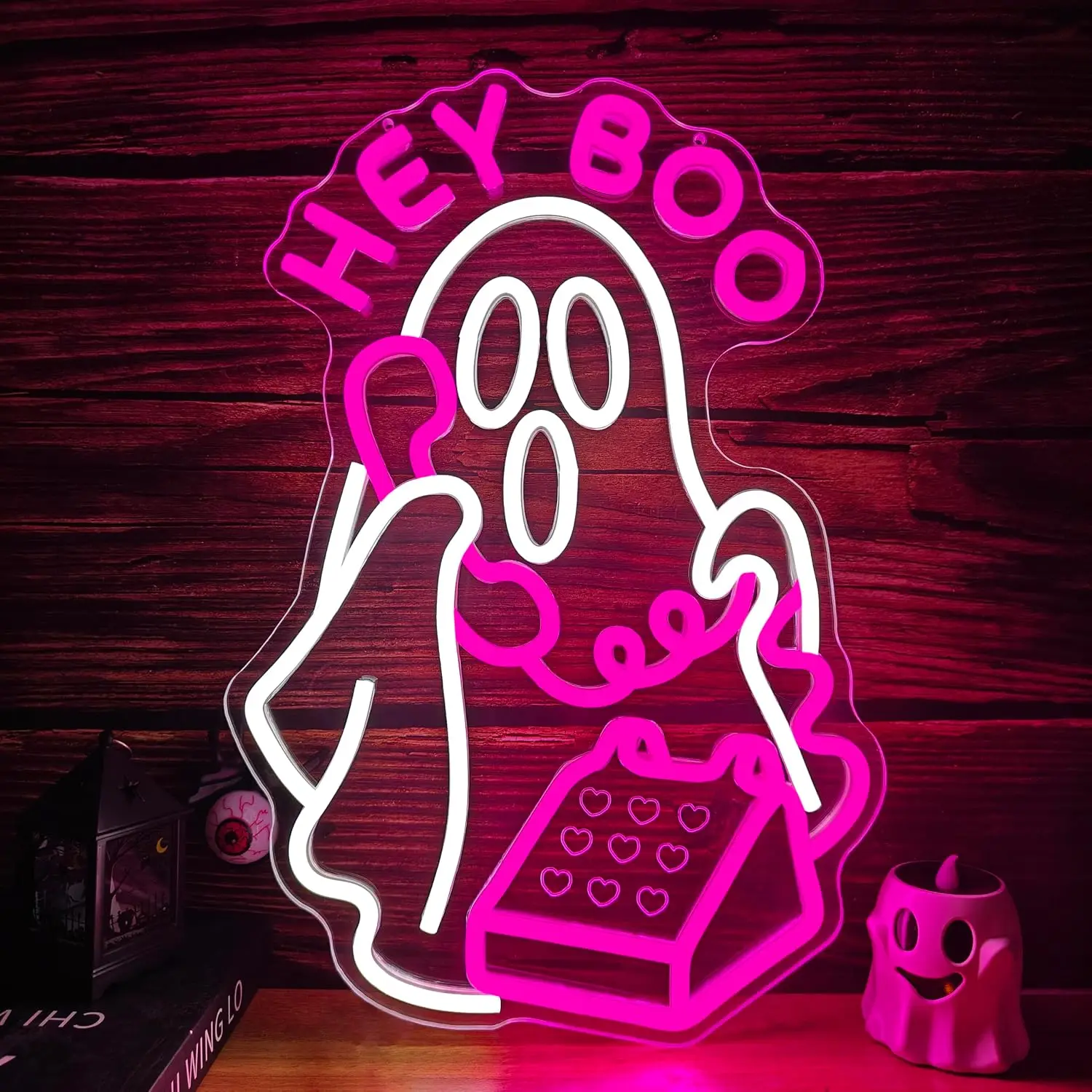 Cute Boo Neon Sign HEY BOO Ghost LED Glowing Sign for Halloween Party Home Bedroom Bar Wall Decor USB Powered Neon Light