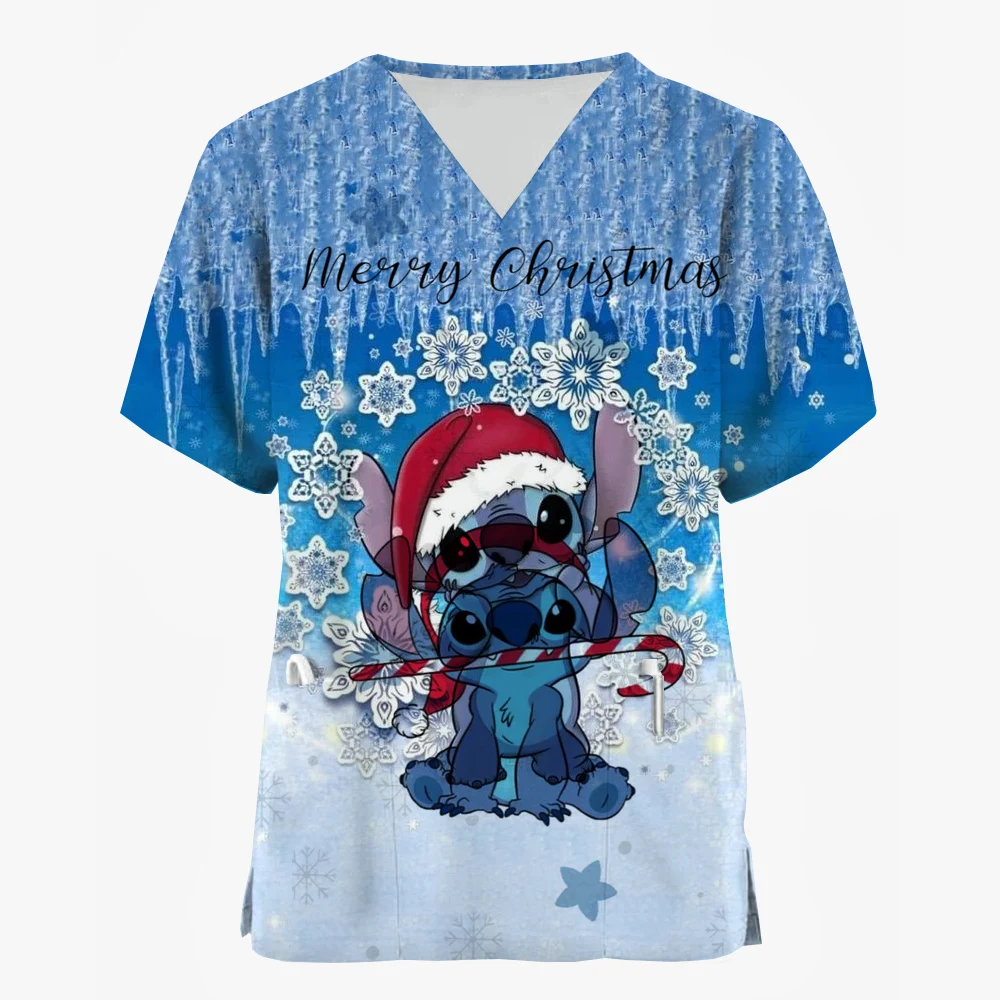 Surgical gown holiday Disney Stitch Christmas print style pocket design surgical gown women's V-neck short sleeved nurse medical