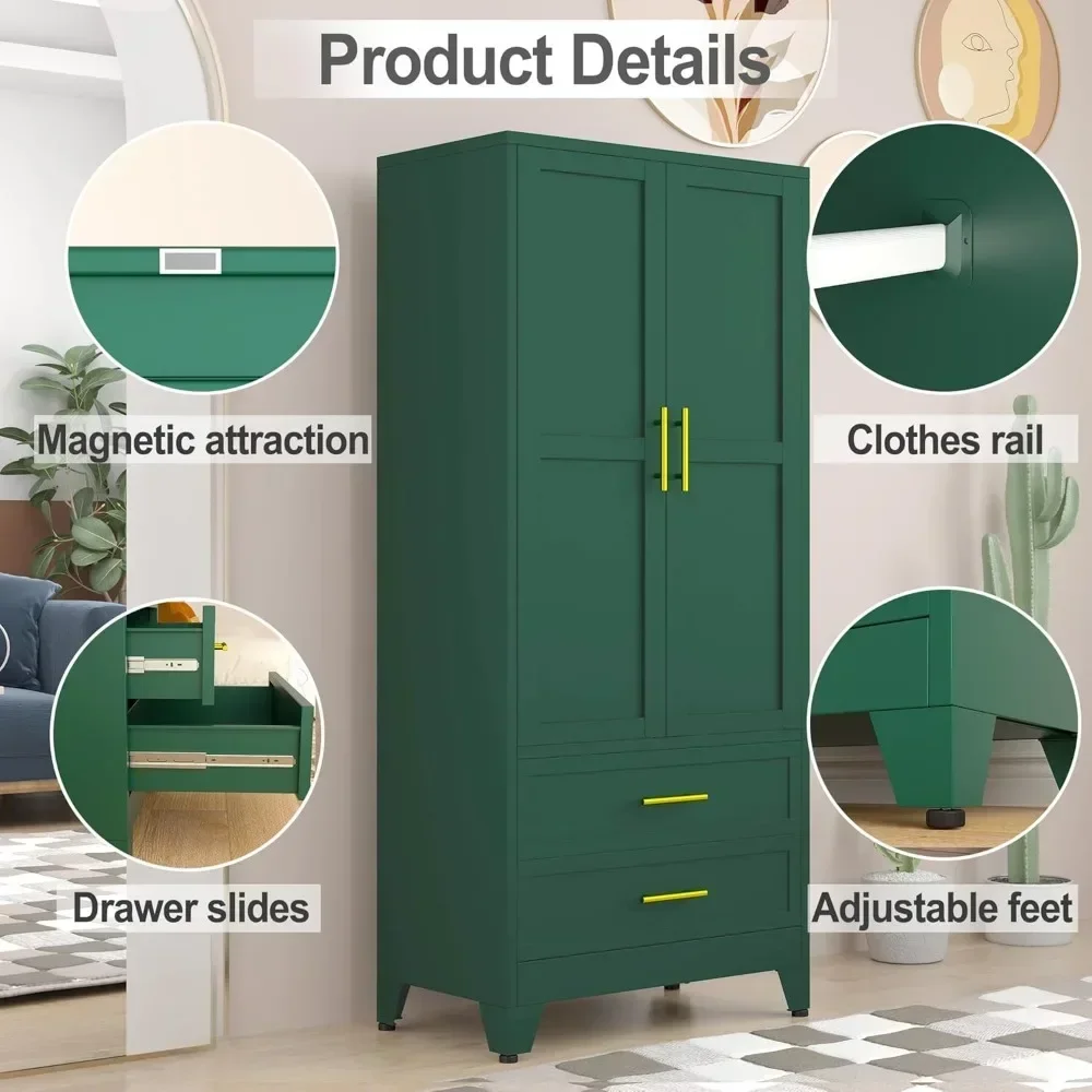 Metal Storage Cabinet with Doors, Adjustable Shelf and  Draws, Armoire Wardrobe Closet with Hanging Rods