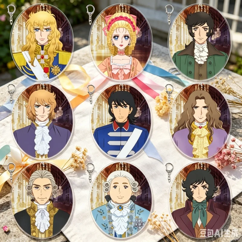 2026 verfügbarer Anime-Schlüsselanhänger „Die Rose von Versailles“ aus Acryl – Antoinette und Andre Fersen Figuren 6cm Schlüsselanhänger