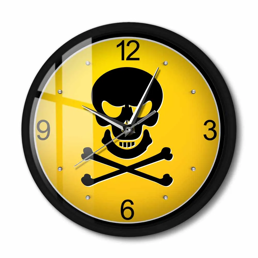 Skull Bones Poison Sign Metal Frame Silent Wall Clock Evil Warning Symbol Wall Watch Hazardous Logo Death Skeleton Gothic Decor