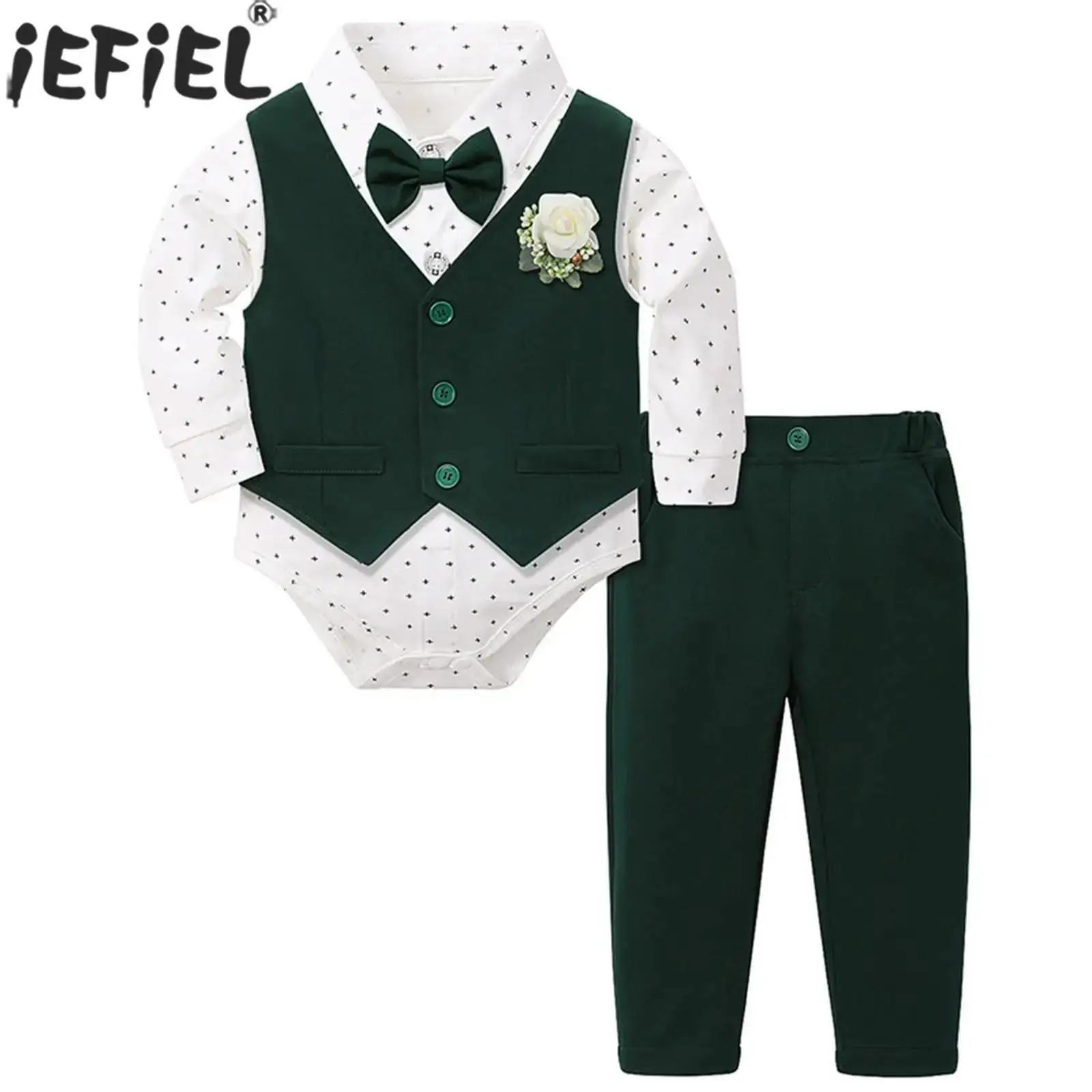 

Little Boys Long Sleeve Bowtie Christening Gentleman Romper with Vest Pants Brooch Wedding Photography Birthday Party Costume