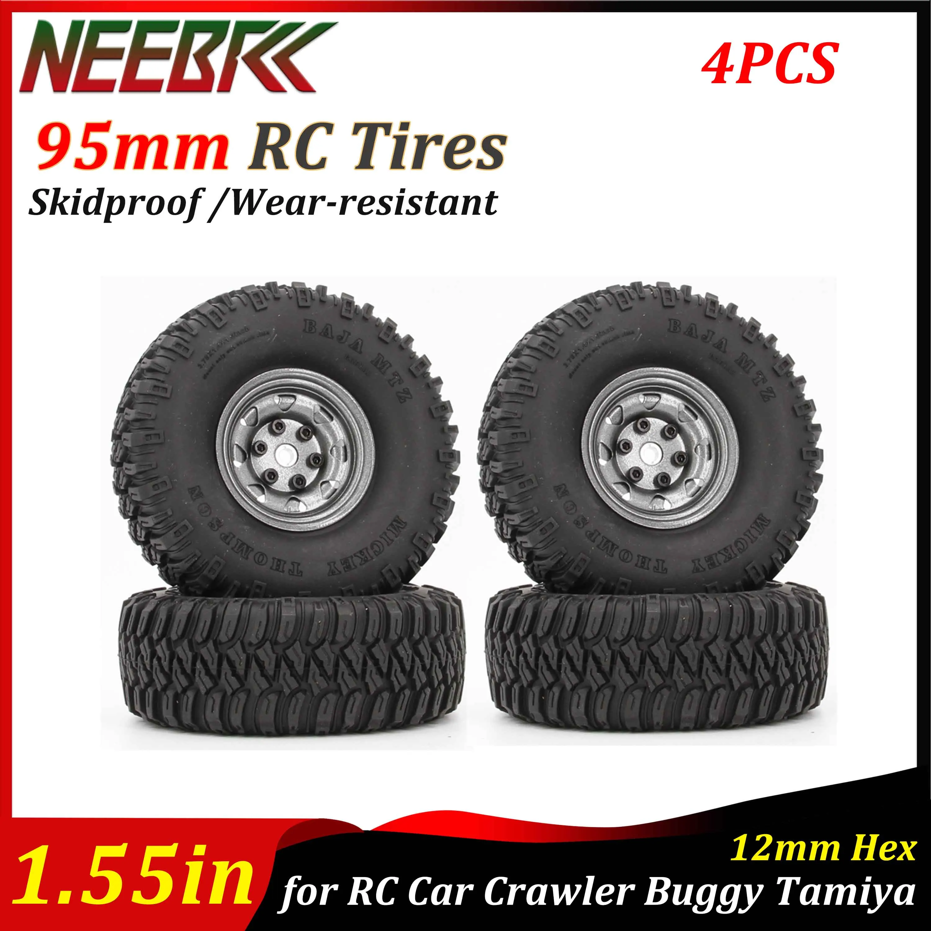 NEEBRC 95mm 1.55in RC Tires 12mm Hex Skidproof Wear-resistant tyre for RC Car Crawler Buggy Tamiya CC01 LC70 LC80 Aixal Parts