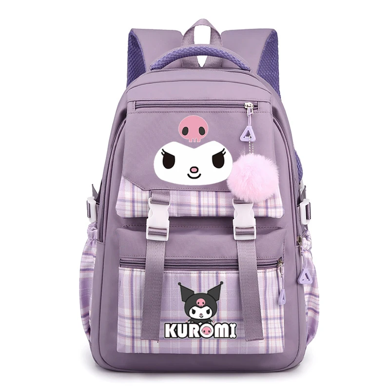 Purple Kuromi Backpack Cute Plaid School Bags For Student Teens Girls Pockets Women Laptop Backpack Harajuku