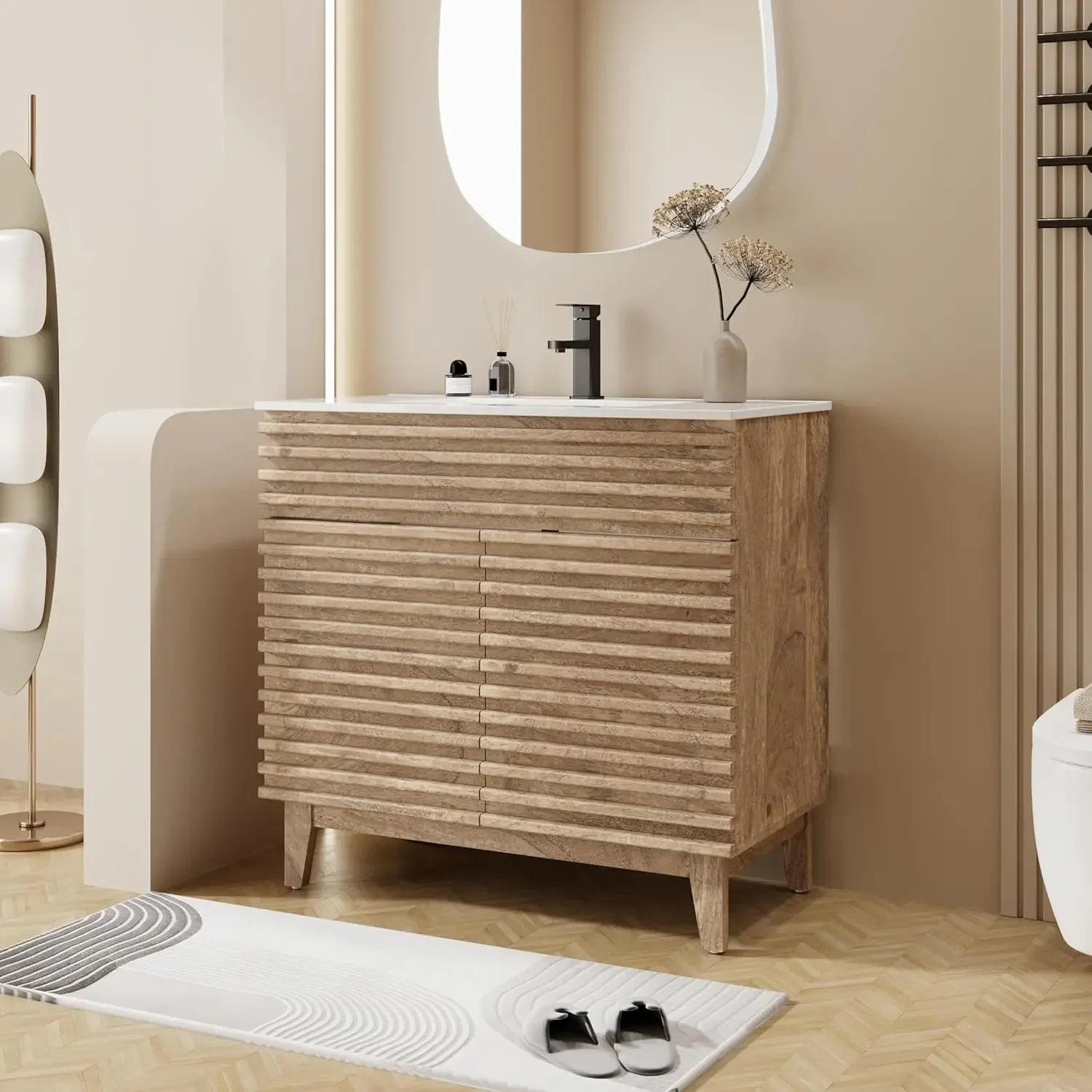 [عرض لفترة محدودة، اشترِ الآن! ] خزانة حمام مقاس 36 بوصة مع مجموعة حوض خزانة قائمة بذاتها في منتصف القرن مع ديكور مخطط خشبية، Adju