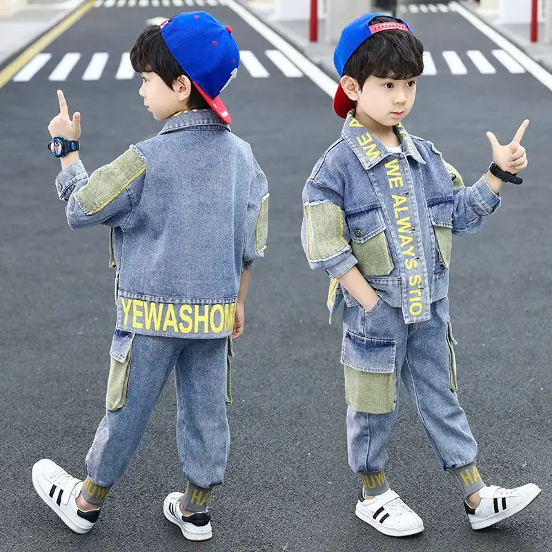 Spring Autumn 2 Piece Suit Casual teen Boys Letter Clothes Set Kid jacket Top + Denim Pants set 6 8 10 12 14 years