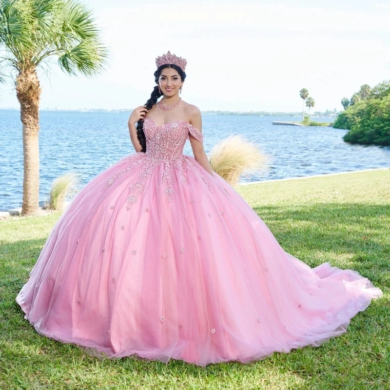 

Pink Shiny Sweetheart Lace Beads Quinceanera Dresses Off the Shoulder Sweet 16 Girls Princess Dress vestidos de xv 15 años 2024