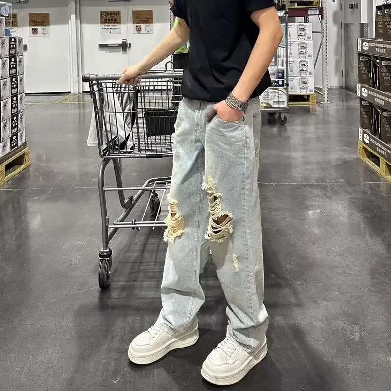 

Summer Men's Loose Fit Skinny Jeans Tear Hole Style Lightweight Casual Pants High Street INS Blue Denim Straight Leg Trousers