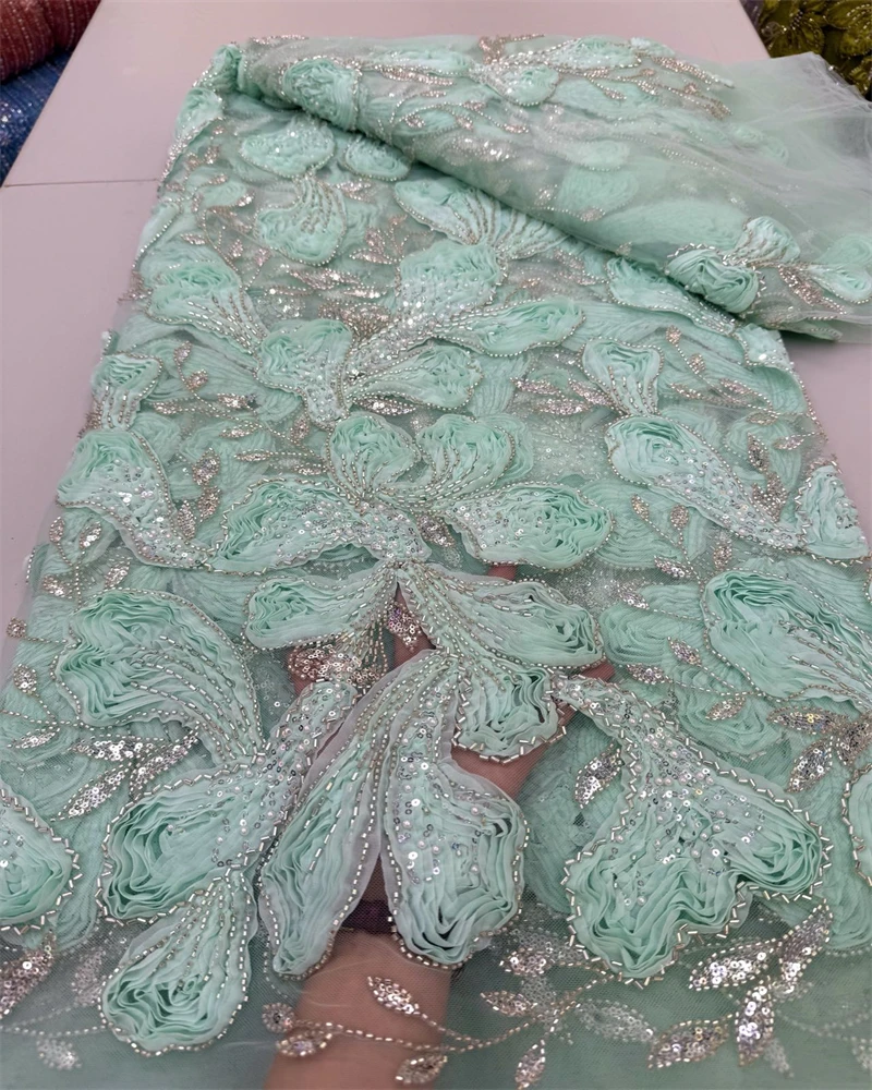 

African Beaded 2025 High Quality Nigerian Sequins With Pearl Lace French Tulle Lace Fabric For Party Dress Sewing