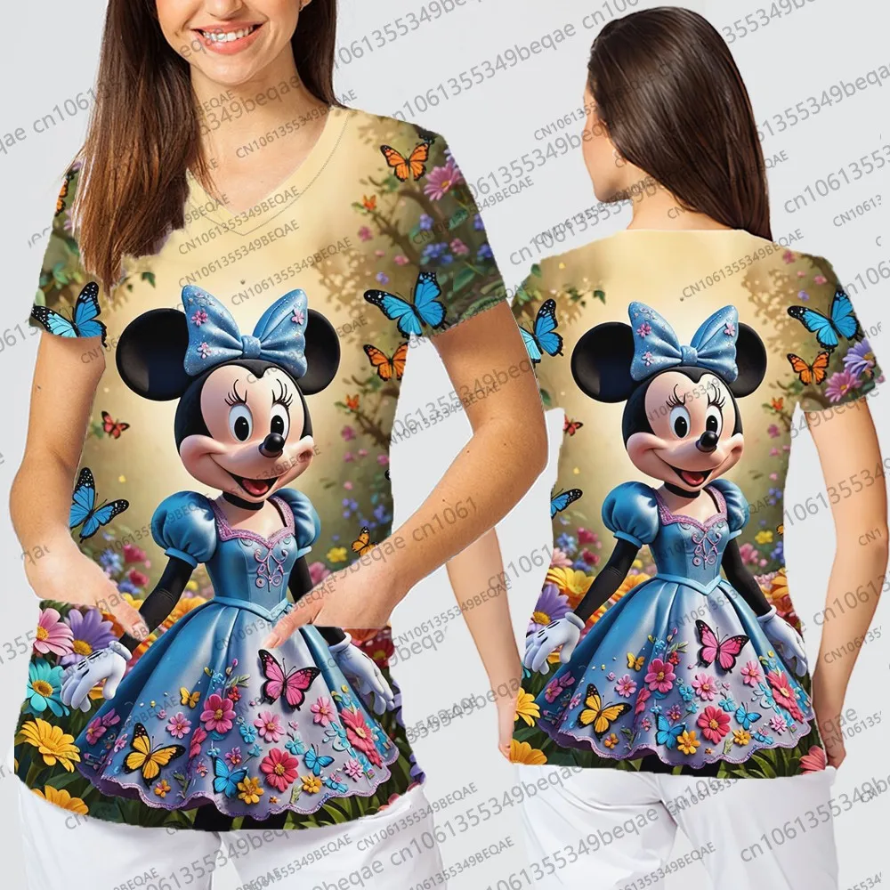 Y2k نمط تي شيرتات قصيرة الاكمام المرأة الكرتون الجرافيك القمم خمر مستوحاة بلايز عادية للسيدات الخامس الرقبة فضفاض ممرضة موحدة