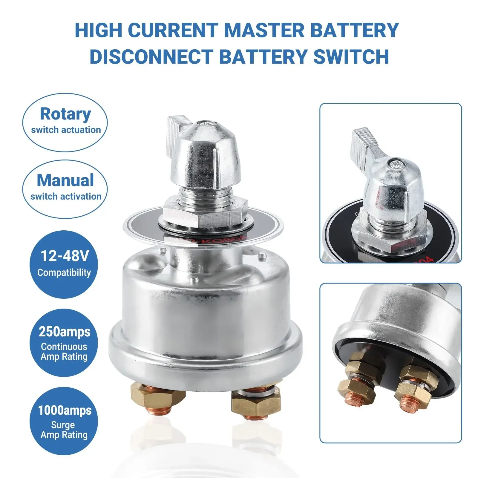 

Rated Current 250A Instant 1000A Working Voltage 12-48V Rotary Battery Isolator Switch Disconnection Kit FOR Boat Car RV Camper