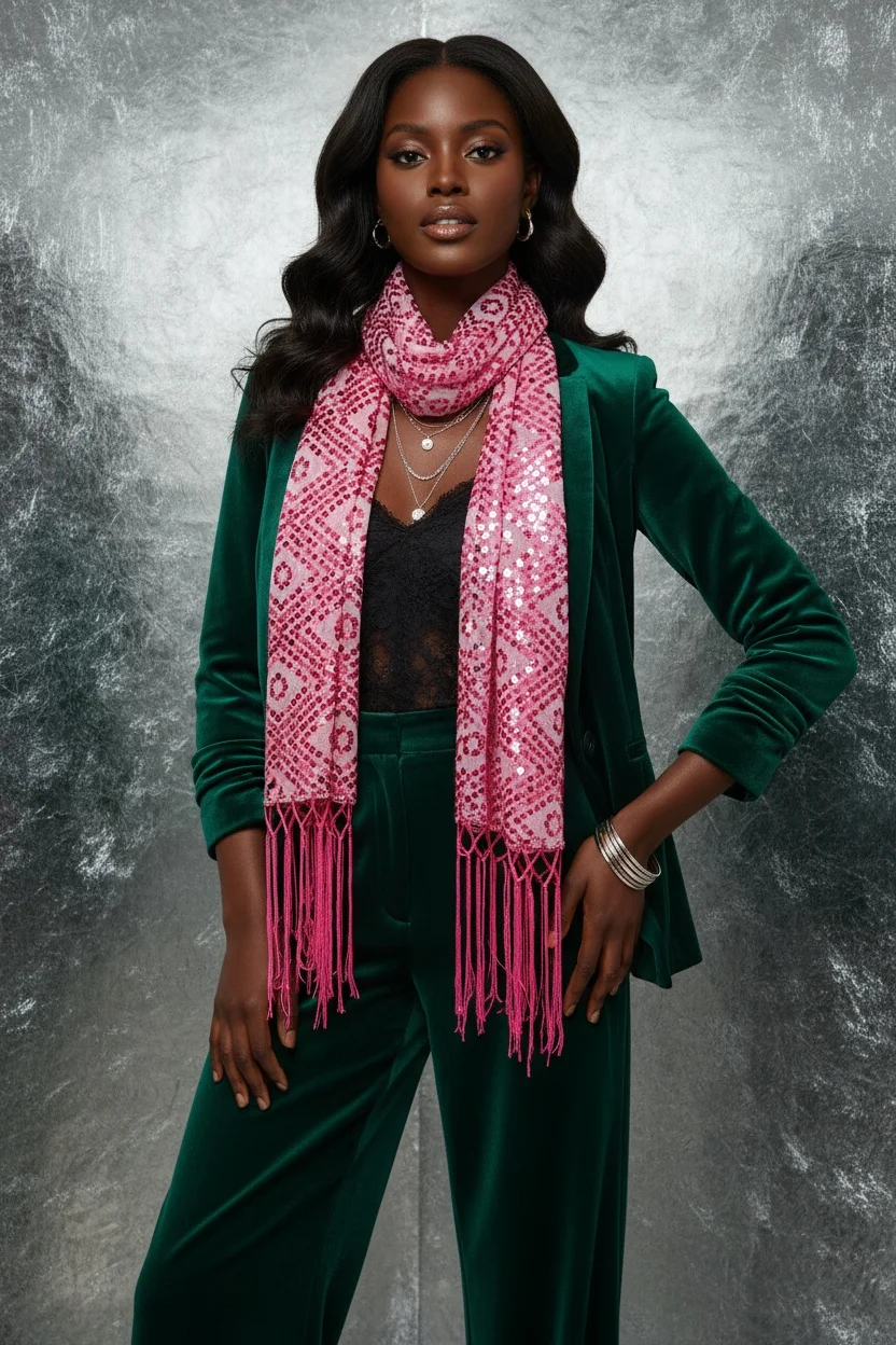 

Розовая шаль с бахромой и блестками. Элегантный вечерний шарф.