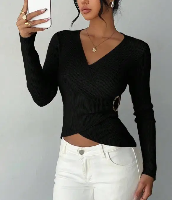 تي شيرت 2025 أنيق ومثير للخريف والشتاء قصير بقصة ضيقة وأكمام طويلة ورقبة على شكل حرف V #3