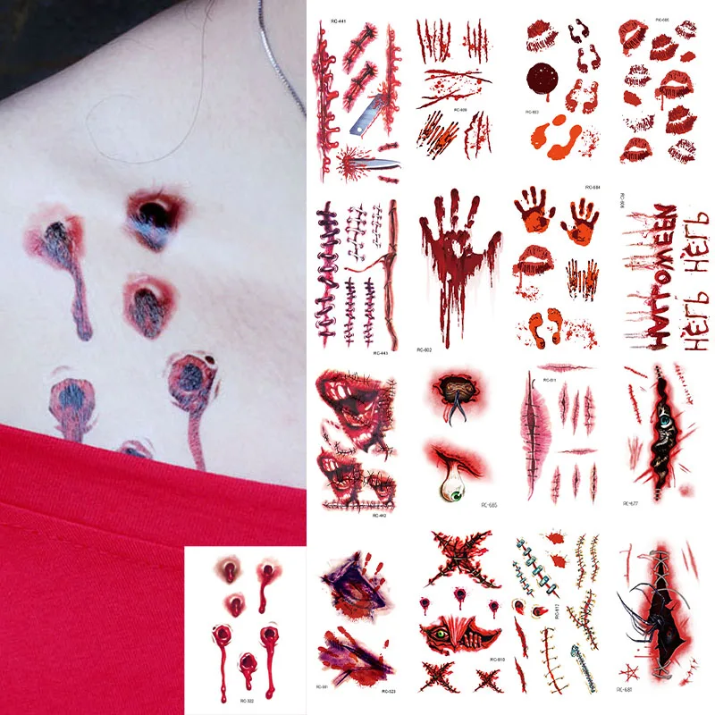 

Halloween Terror Wound Temporary Tattoo Day of the Dead Waterproof Realistic Blood Tattoos Injury Scar Stickers For Face Hands