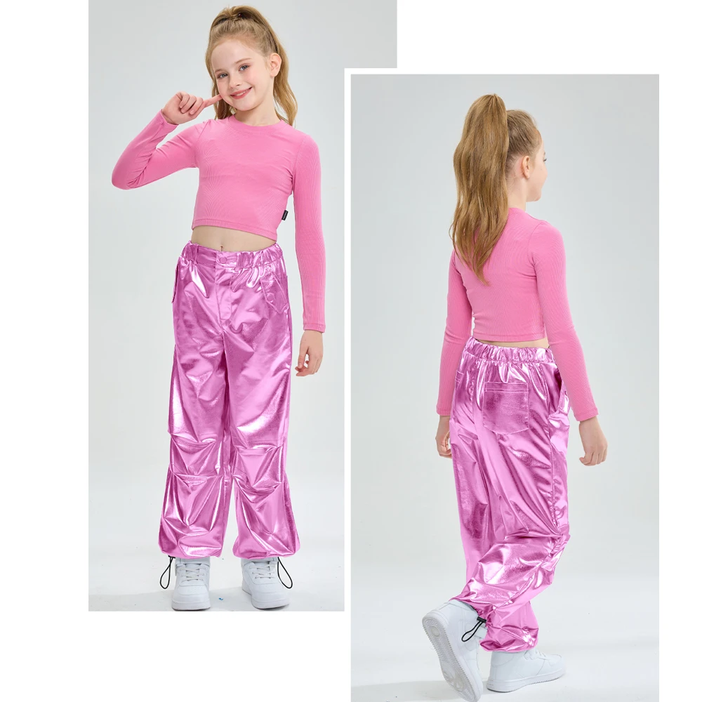 LOlanta Girls Metallic Jogger Pants Jazz Street Hip Hop Dance Shiny Trousers Loose Fit Cargo Pants Elastic Waist Streetwear