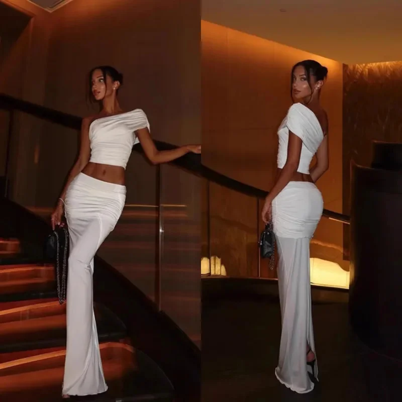 

Solid White One Shoulder Two Piece Set Women Sleeveless Crop Top With High Waist Slim Maxi Skirt Sexy Club Party Night Outfit