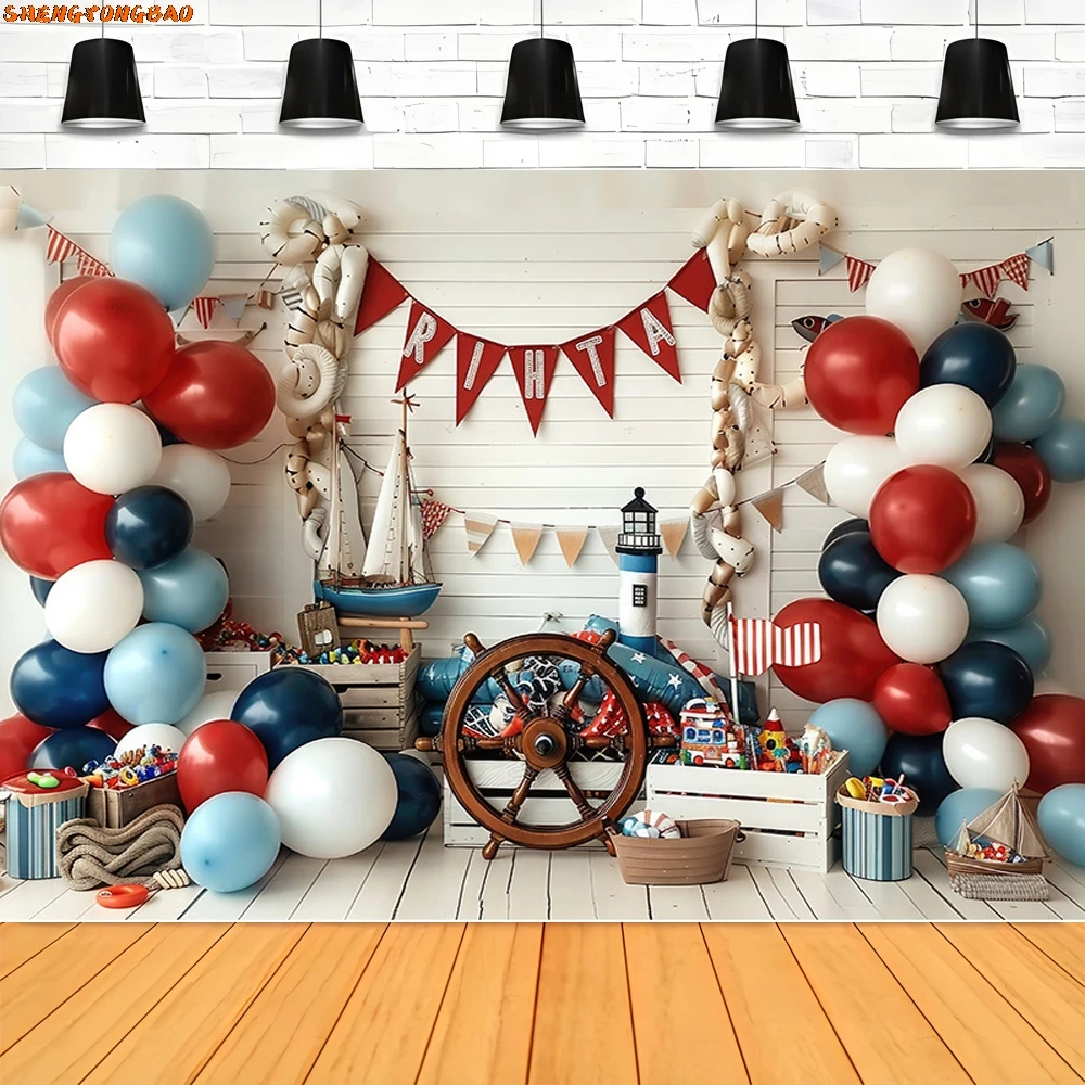 Blue Marine Lighthouse Sailboat Photography Backdrops Fishing Net Balloon Photo Studio Background Birthday Party Decor YW-02