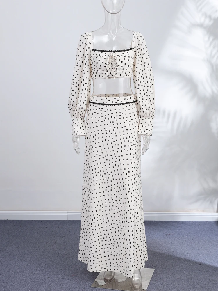 Langärmlige, kurz geschnittene Oberteile mit Polka Dots, lange Röcke, Anzüge für Damen, sexy, geteilte Spitzenoberteile, A-Linien-Röcke, Sets, schicke Damen-Partykleidung, neu – Detail 4
