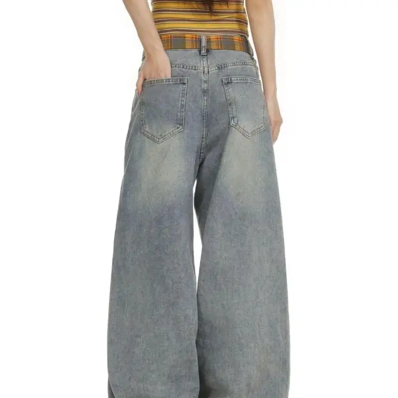 กางเกงยีนส์ปักลายการ์ตูนสำหรับผู้หญิง ดีไซน์ใหม่สำหรับฤดูใบไม้ร่วงและฤดูหนาว ทรงขากว้าง เอวสูง ทรงหลวม ไซส์พลัส ทรงตรงเข้ารูป