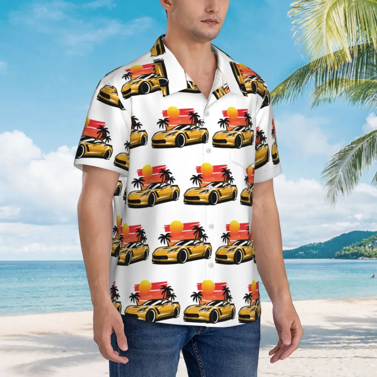 

Yellow Corvette Z06 Sunset Palms Hawaiian Shirts Casual Men Short Sleeve Shirt for Summer Beach Men's Lapel Tops