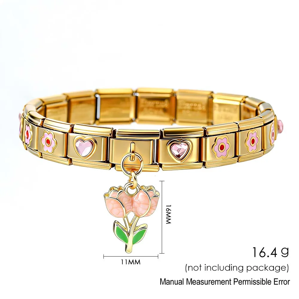 9mm Italian Stainless Steel Bracelet Trendy Heart Flower Element Tool Combination Set DIY Gold Color Charm Jewelry 19pcs Pack