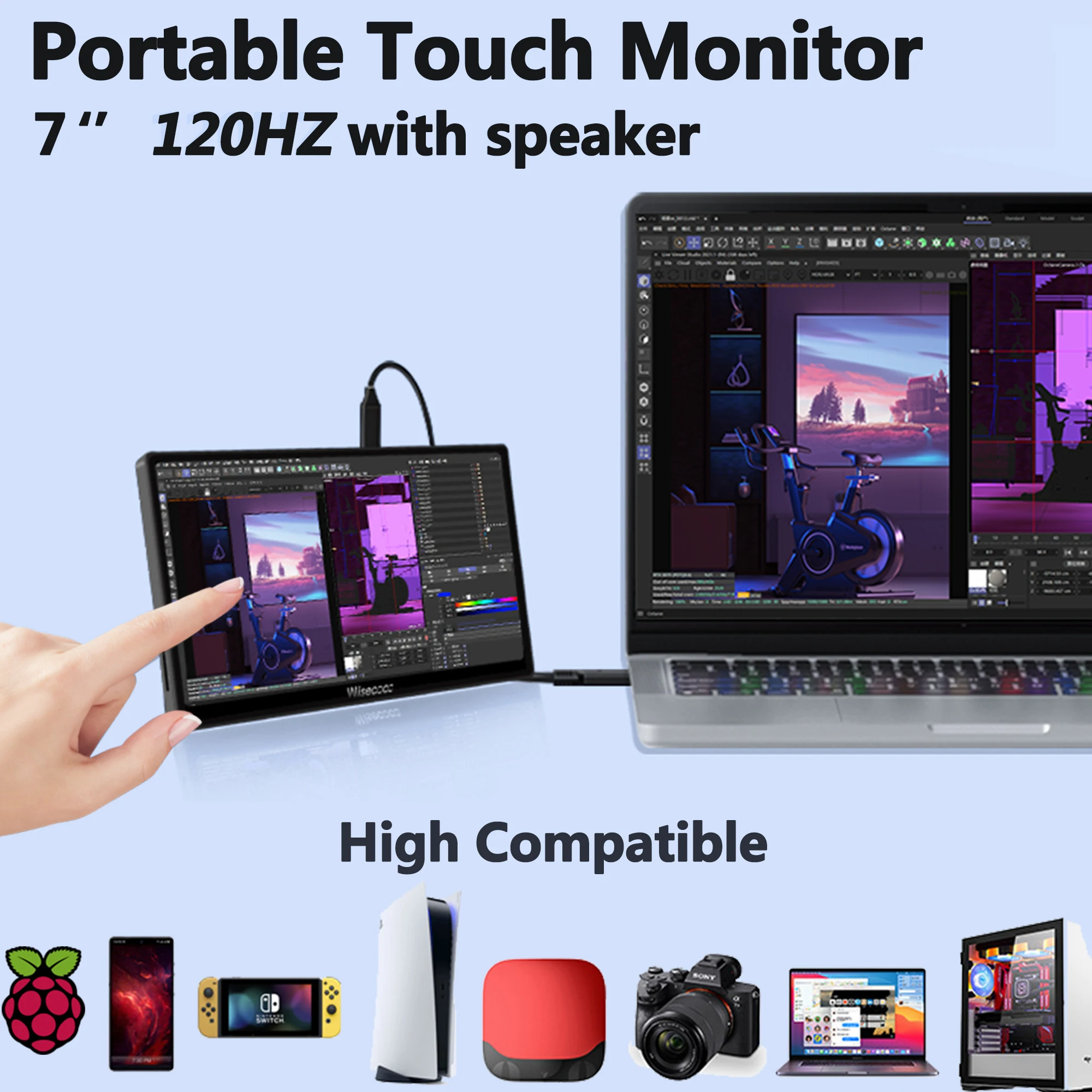 

7 Inch Portable Monitor 120Hz Gaming Mini Monitors Touch IPS 1920x1080 Display Ultra-Slim Lightweight Multi Compatibility