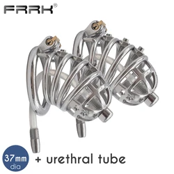 FRRK Male Chastity Cock Cage with Urethral Tube Penis Plug Stainless Steel Catheter Cock Rings Metal Bondage Sex Toys for Man