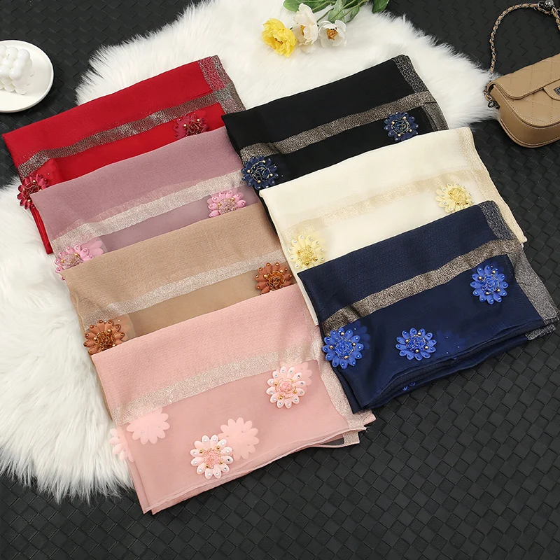 Summer Solid Flower Organza Scarf Women Muslim Hijab Scarf for Ladies Scarf Pashmina Scarf Pure Shawls and Wraps Sunscreen Scarf