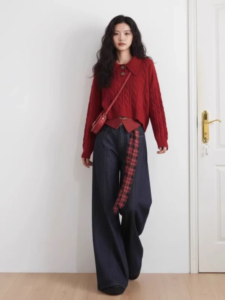 Jesienno-zimowy, casualowy, czerwony komplet z dzianiny Cisas i szerokimi jeansami, dwuczęściowy zestaw damski, modny styl koreański, długi sweter.