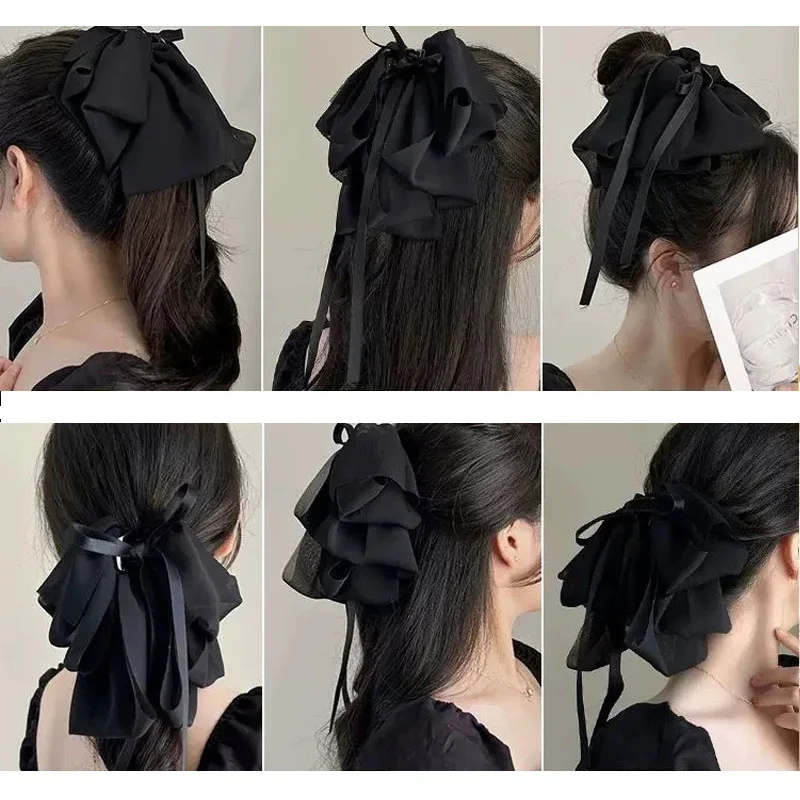 Fashion Ribbon Bow Hair Claw Clip Black Satin Big Bow Shark Clip Hairpin for Women Girl Headdress Hair Accessories