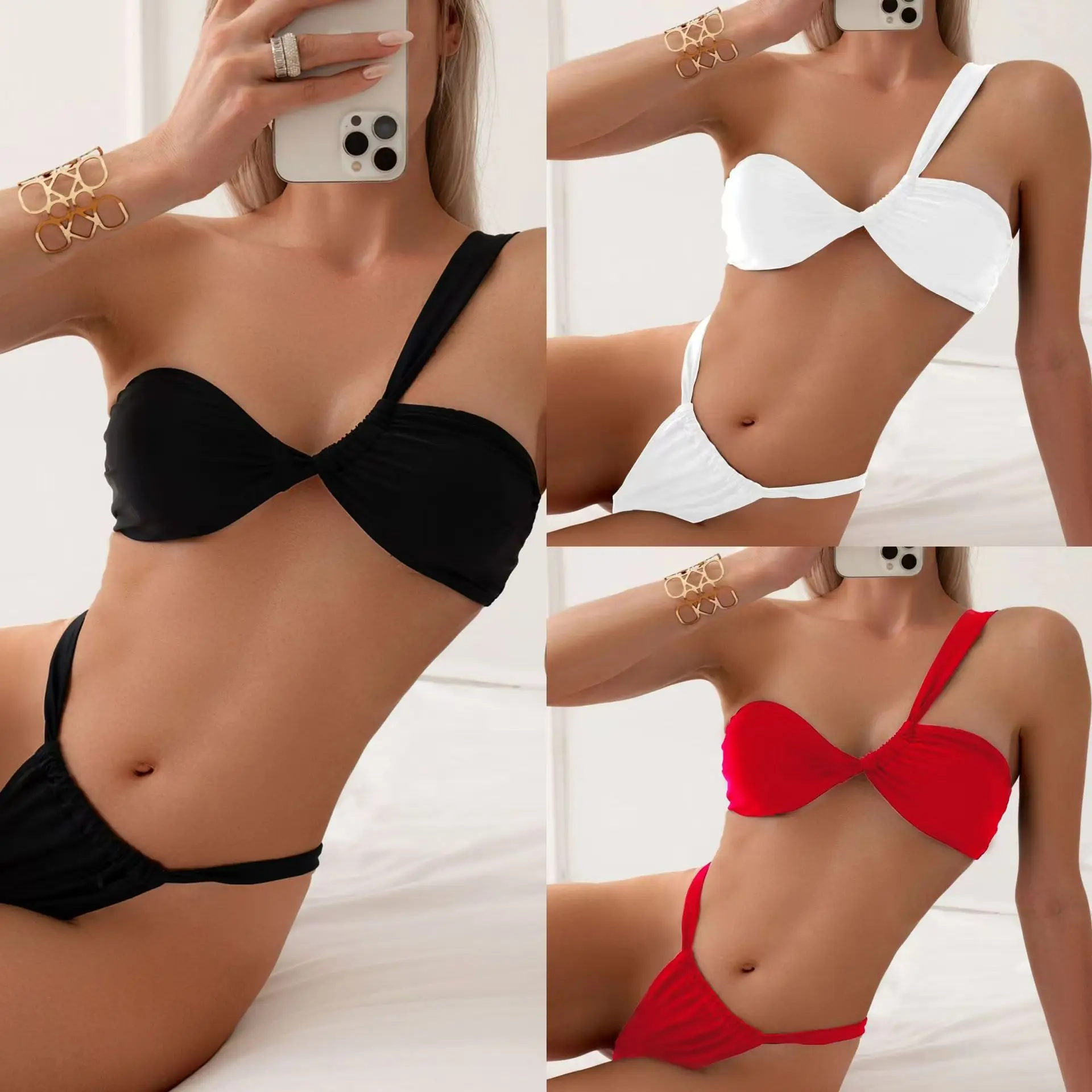 2 Pieces Sexy Low Waist Bikini Set Solid One Shoulder Thong Swimwear Women Swimsuit Beachwear Bathing Suit biquini Summer Brazil