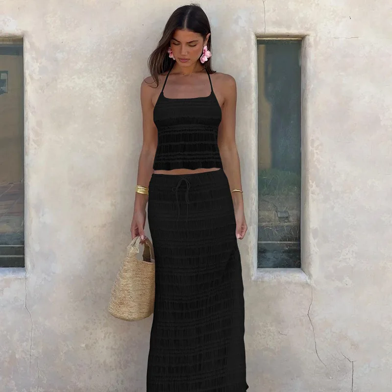 Lace Chiffon Sexy Skirt 2 Pieces Set Summer Holiday Outfits Sexy Halter Backless Tank Top and Maxi Skirt Lady Fashion Suits