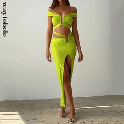 Waytobele 2 Piece Set Women Summer Sexy Fashion Solid Off Shoulder Cut Out V Neck Short Top Irregular Slit Slim Long Skirt Sets