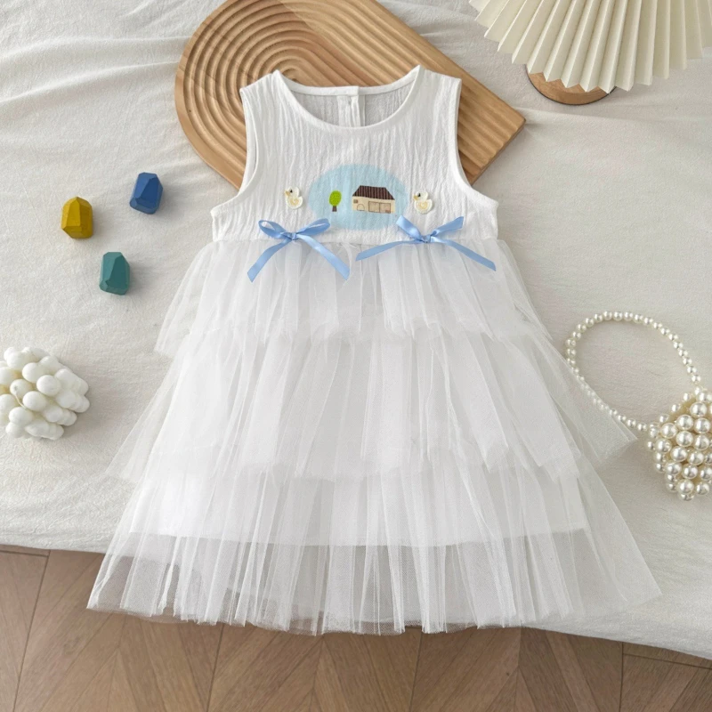 

2026 Summer New Children's Bamboo Cotton Printed Splicing Mesh Multi layer Skirt Dress