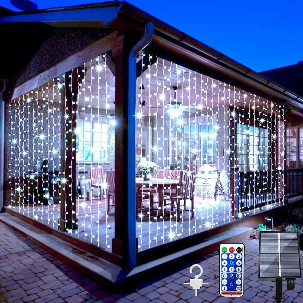 2pcs Solar Curtain Lights 300 LED 8 Modes Outdoor Garden Fairy String Light for Gazebo Patio Party Wedding Christmas Decor