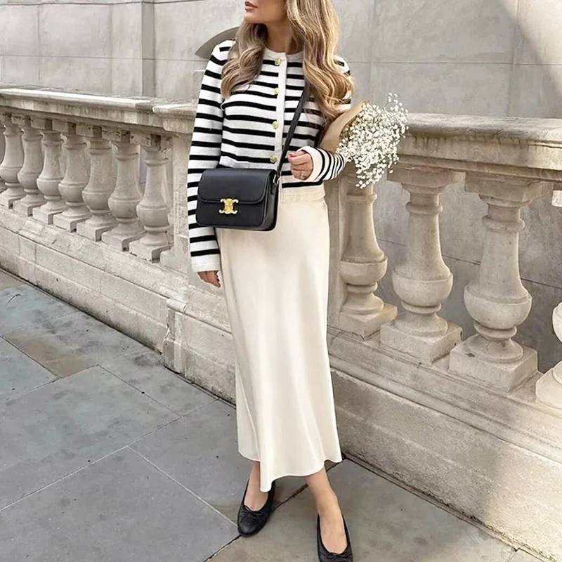 TRAF Satin Midi Women Skirt Mid Waist Folds Lady Skirt 2024 Spring Summer New Fashion Elegant Casual Office Women Clothing