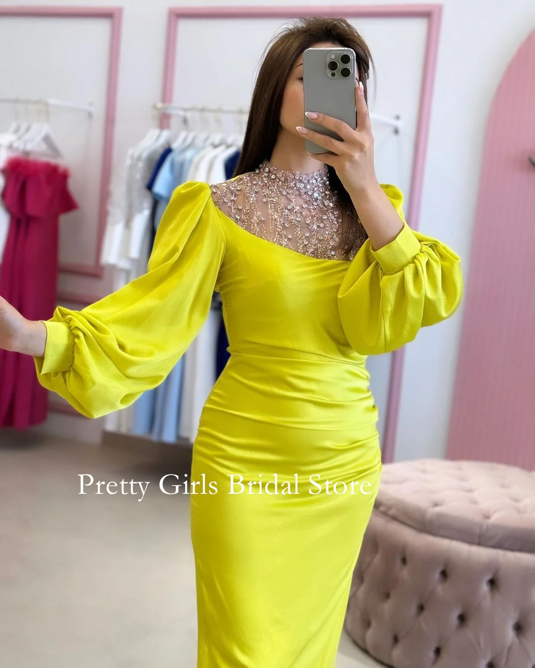 OEING Arabic Style Vintage High Neck Satin Evening Dresses Puff Sleeves Yellow Sequined Formal Prom Growns Party Women Bride