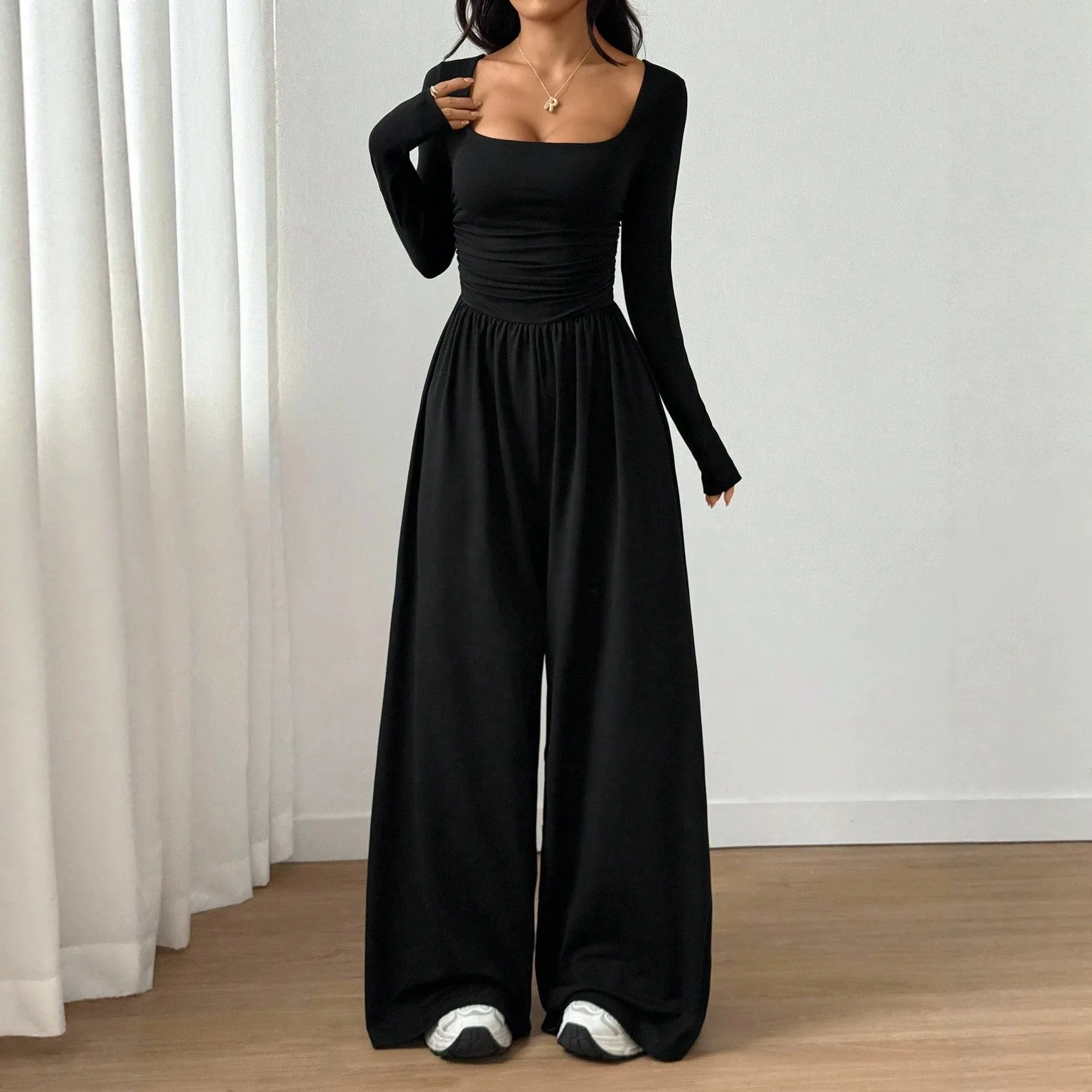 Women's Square Neck Short Sleeve Jumpsuit Solid Color Wide Leg Slim Fit Elastic Waist Knit Woman Clothes For Woman Female