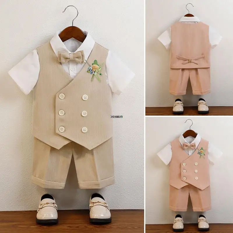 Boys Summer Vest Shorts Performance Suit Children Formal Wedding Dress Kids Photography Suit Baby Birthday Ceremony Costume