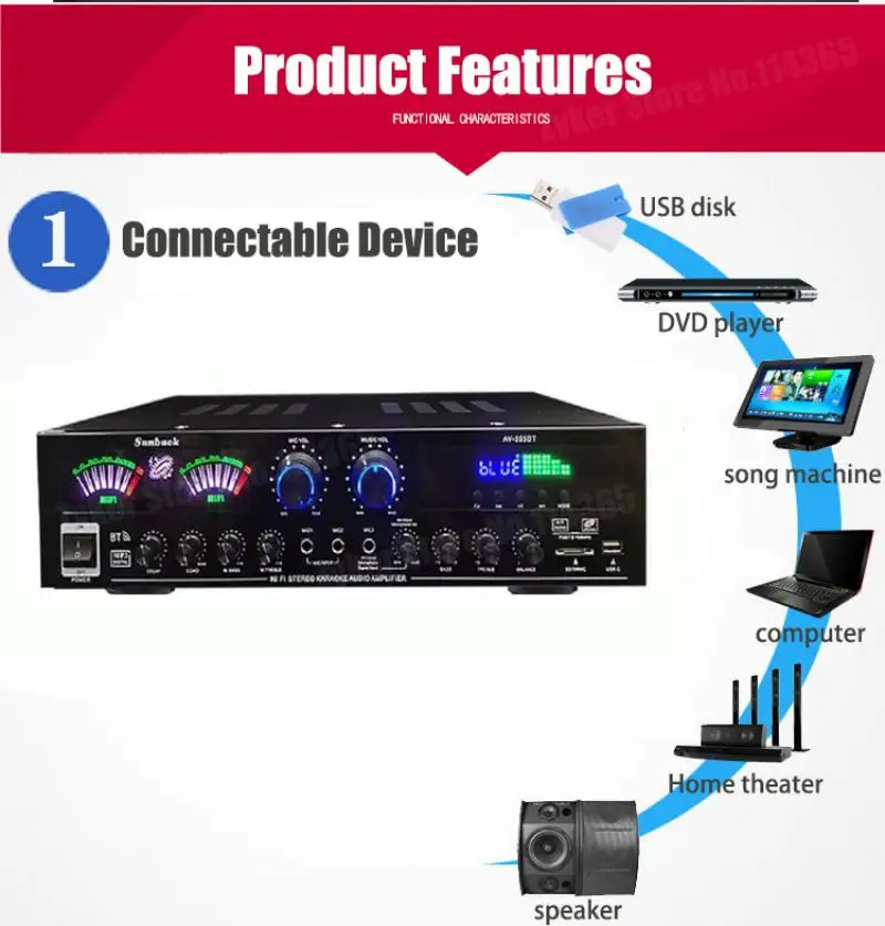 110/220V 555BT Dynamischer Bildschirm-Soundverstärker 298BT HiFi Stereo Digitaler Bluetooth-Verstärker für Zuhause, Auto, Karaoke, Theater, max. 2500W – Detail 3