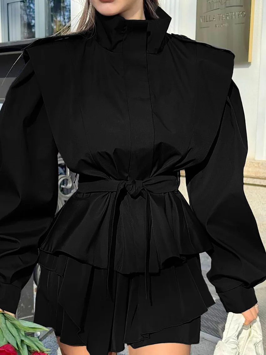 レディースファッション 無地 ブロードショルダー コート ダークブラウン 長袖 ハイネック ジャケット 2025年秋新作 レディース デイリー ストリート アウターウェア