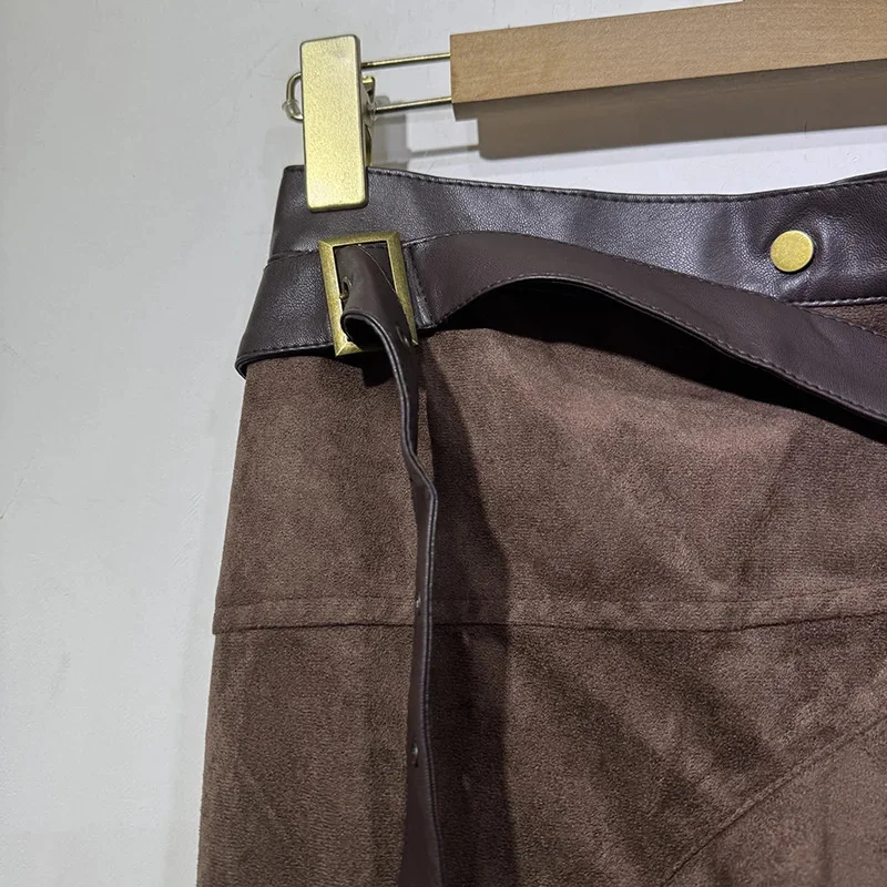 تنورة ميدي غير متناظرة من جلد الغزال على طراز شارع العليا تنورة عالية الخصر بحاشية منتفخة على شكل حرف a تنورة نسائية عصرية متعددة الاستخدامات للتخسيس