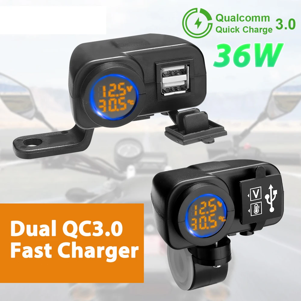 

QC3.0 Motorcycle Dual USB Charger Fast Charging Voltmeter Thermometer Digital Display 36W Mobile Phone Charger Socket