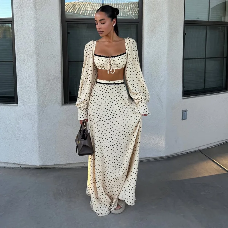 

Elegant Beige Dot Prom Dress 2 Pcs Top Full Sleeves Sexy Hollow A Line Party Gown Formal Wedding Guest Birthday Evening Robe