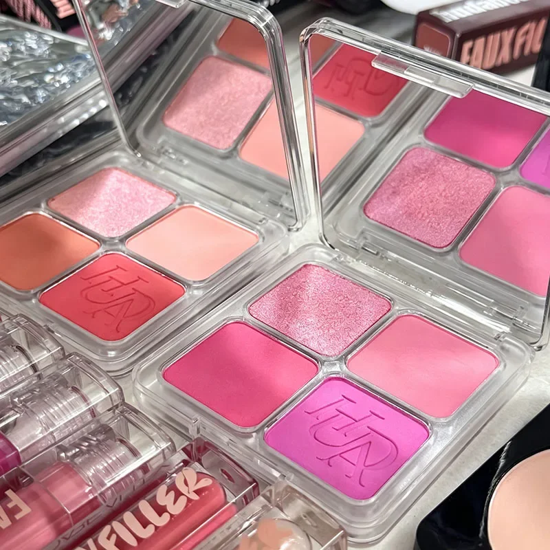 Maquillage tendance : blush 4 couleurs, fard à paupières, contour, facile à appliquer, longue tenue, poudre fixante anti-brillance, gloss à lèvres, cosmétiques.