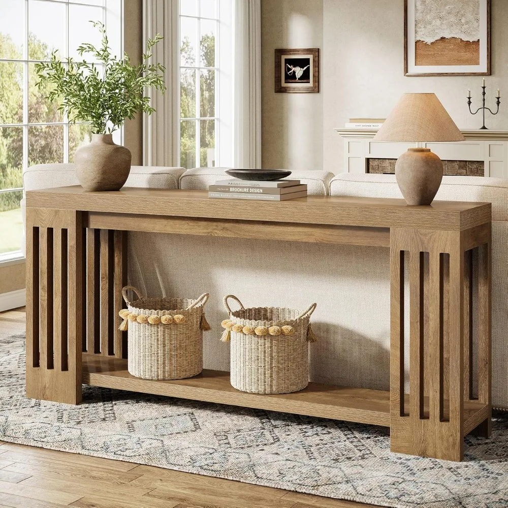 Farmhouse Console Table, 70.9-Inch Sofa Table Behind Couch with Vertical Stripe Legs, 2-Tier Entryway Accent Furniture