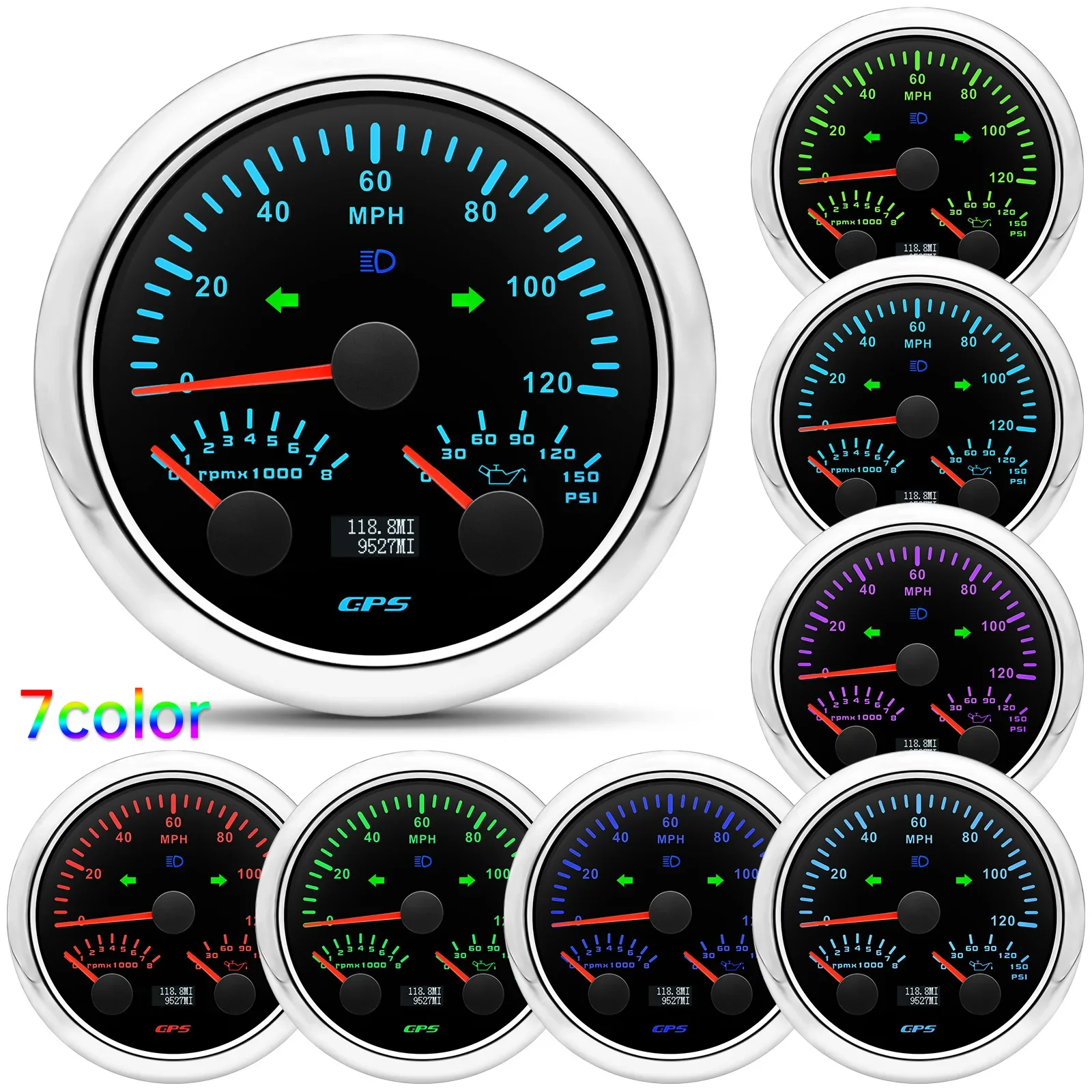 3 in 1 Multifunctional Car Gauge Speedometer+Tachometer+oil Pressure Gauge 0-150psi with 7 Color Backlight for 12V Car Boat