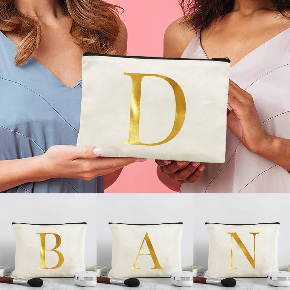 Soft Canvas Travel Cosmetic Pouch With Letter Print Zipper Makeup Bag for Ladies Beauty Items Weekend Travel Use