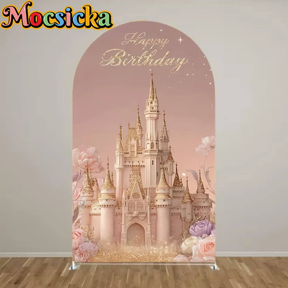 

Princess Castle Arch Backdrop Cover Pink Castle For Baby Shower Girls Birthday Party Photo Booth Arch Background Decoration